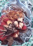  akkijin armor axe bare_shoulders blue_eyes bolt breasts brown_hair card_(medium) castle dress hair_ornament holding holding_weapon large_breasts lightning looking_at_viewer official_art outdoors red_dress shinkai_no_valkyrie storm storm_cloud thighhighs weapon 