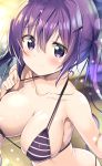  3: bangs bare_arms bare_shoulders bikini black_bikini blurry blurry_background blush breasts cleavage closed_mouth collarbone commentary_request covered_nipples depth_of_field eyebrows_visible_through_hair gochuumon_wa_usagi_desu_ka? hair_between_eyes hair_ornament hairclip halter_top halterneck highres kurou_(quadruple_zero) large_breasts lifted_by_self long_hair looking_at_viewer purple_eyes purple_hair sidelocks solo strap_lift striped striped_bikini swimsuit tedeza_rize tile_floor tiles twintails very_long_hair 