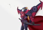  1girl autobot blue_eyes breasts makeup mechanical_wings no_humans solo sword transformers weapon windblade wings 