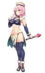  black_legwear blue_eyes blush boots breasts cleavage detached_sleeves full_body gloves hat large_breasts loincloth midriff navel original pelvic_curtain pink_hair pokachu short_hair simple_background smile solo staff standing white_background white_gloves white_hat wrist_cuffs 