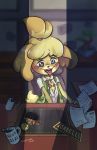  2019 absurd_res ahegao animal_crossing anthro beady_eyes biped black_eyes black_nose blush blush_stickers bow_tie bra canid canine canis clothing desk domestic_dog female flat_chested floppy_ears fur fur_tuft hair_tie head_tuft hi_res isabelle_(animal_crossing) looking_pleasured mammal masturbation multicolored_fur nintendo shaking shih_tzu snoutless tongue tongue_out trembling tuft underwear video_games white_fur yellow_fur 