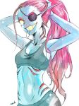  anthro blue_skin breasts cleavage clothed clothing eye_patch eyewear female fish gills grin hair long_hair looking_at_viewer marine midriff noaharbre ponytail raised_arm red_hair simple_background small_breasts smile solo sportswear standing undertale undyne video_games yellow_eyes yellow_teeth 