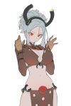  breasts cowboy_shot grey_hair hands_up highres looking_at_viewer navel original red_eyes short_hair simple_background solo stomach tim_loechner white_background 