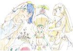  3girls absurdres bikini blue_eyes blue_hair blush_stickers breasts colored_pencil_(medium) commentary_request goggles graphite_(medium) green_eyes green_hair haisaihaisai highres kaki_(pokemon) lillie_(pokemon) mamane_(pokemon) mao_(pokemon) mega_gyarados multiple_boys multiple_girls pikachu pokemon pokemon_(anime) pokemon_sm_(anime) popplio rotom rotom_dex rowlet satoshi_(pokemon) sharpedo steenee suiren_(pokemon) swimsuit traditional_media underboob wailmer 