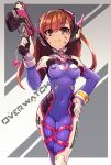  bangs bodysuit breasts brown_eyes brown_hair bunny chingisu copyright_name d.va_(overwatch) eyebrows_visible_through_hair facepaint finger_on_trigger gloves gun hand_on_hip headset holding holding_gun holding_weapon long_hair long_sleeves looking_at_viewer medium_breasts overwatch purple_bodysuit ribbed_bodysuit smile solo thigh_strap turtleneck weapon white_gloves 