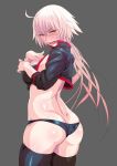  ass bikini black_bikini black_jacket breasts commentary_request cropped_jacket embarrassed eyebrows_visible_through_hair fate/grand_order fate_(series) from_behind grey_background jacket jeanne_d'arc_(alter_swimsuit_berserker) jeanne_d'arc_(fate)_(all) jpeg_artifacts long_hair looking_at_viewer looking_back makoto_osamu medium_breasts open_mouth shiny shiny_hair shiny_skin shrug_(clothing) silver_hair simple_background solo standing swimsuit teeth yellow_eyes 
