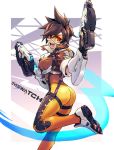  :d ass bodysuit bomber_jacket brown_hair brown_jacket chingisu copyright_name dual_wielding earrings eyebrows_visible_through_hair eyes_visible_through_hair gloves goggles gun harness holding holding_gun holding_weapon jacket jewelry leather leather_jacket leg_up open_mouth orange_bodysuit overwatch short_hair smile solo spiked_hair teeth tracer_(overwatch) weapon 