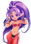  :d bandeau bare_shoulders blue_eyes bracer breasts chingisu circlet dark_skin hands_in_hair harem_pants high_ponytail long_hair navel open_mouth pants pointy_ears purple_hair red_pants shantae_(character) shantae_(series) simple_background small_breasts smile solo thigh_gap very_long_hair white_background wide_ponytail 