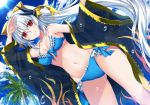  bikini blue_bikini bow breasts commentary_request eyebrows_visible_through_hair fate/grand_order fate_(series) flower frilled_bikini frills grey_hair hair_between_eyes hair_bow highres horns kiyohime_(fate/grand_order) kiyohime_(swimsuit_lancer)_(fate) long_hair looking_at_viewer medium_breasts morizono_shiki navel ponytail red_eyes see-through smile solo swimsuit very_long_hair yellow_bow 