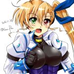  :d ahoge bangs black_gloves black_shirt blonde_hair blue_ribbon breasts commentary_request dated eyebrows_visible_through_hair gloves green_eyes hair_ribbon heterochromia jacket large_breasts long_hair long_sleeves looking_at_viewer lyrical_nanoha magical_girl mahou_shoujo_lyrical_nanoha_vivid open_mouth partial_commentary red_eyes ribbon san-pon shirt side_ponytail simple_background smile solo standing twitter_username upper_body vivio white_background white_jacket 