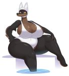  2018 acstlu anthro big_breasts breasts canine clothed clothing dog eyelashes eyeshadow female hi_res laverne_(sssonic2) looking_at_viewer makeup mammal nipple_bulge simple_background solo thick_thighs white_background yellow_eyes 