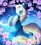  2018 absurd_res airiniblock blonde_hair blue_eyes clothed clothing crescent_moon cute dress earth_pony equine eyebrows eyelashes fan_character female feral floppy_ears flower hair half-closed_eyes hat hi_res hooves horse looking_at_viewer looking_back mammal moon my_little_pony night outside plant pond pony rafale reflection smile solo text underhoof water watermark wet 