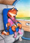  anthro canine car car_seat clothed clothing cub diaper female fox hair legwear low_res mammal plushie sandles sigruin sleeping socks solo urine vehicle young 