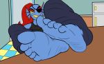  2016 anthro barefoot clothed clothing eye_patch eyewear feet female fish foot_focus hair kyudude marine red_hair smile soles solo teeth toes undertale undyne video_games 