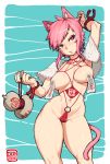 animal_ears cat_ears cat_tail facial_tattoo gourd highres navel ofuda ofuda_on_nipples original pink_eyes pink_hair revealing_clothes short_hair signature simple_background solo taikodon tail tattoo thick_thighs thighs 