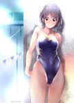  artist_name bare_shoulders black_hair breasts brown_eyes collarbone commentary_request competition_swimsuit covered_navel dated highleg highleg_swimsuit highres looking_at_viewer one-piece_swimsuit original pennant short_hair signature solo string_of_flags swimsuit ugeppa wet 