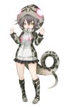  :d boots drawstring eyebrows_visible_through_hair fangs full_body glowing grey_hair habu_(kemono_friends) hair_between_eyes hands_up hood hood_up hoodie ise_(0425) kemono_friends knee_boots looking_at_viewer open_mouth print_hoodie simple_background smile snake_print snake_tail solo standing tail v-shaped_eyebrows white_background yellow_eyes 
