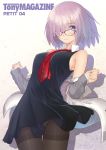  between_breasts black-framed_eyewear black_dress breasts commentary_request cowboy_shot dress fate/grand_order fate_(series) glasses hair_over_one_eye highres mash_kyrielight medium_breasts necktie necktie_between_breasts off_shoulder panties panties_under_pantyhose pantyhose purple_eyes purple_hair short_dress sleeveless sleeveless_dress smile solo tanaka_takayuki thighband_pantyhose underwear 