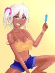  bare_shoulders breasts brown_eyes dark_skin eyebrows_visible_through_hair food gyaru highres image_sample navel original popsicle scrunchie see-through short_hair shorts smile solo sweat tan tanline teeth the_only_shoe twitter_sample water wet wet_clothes white_hair 