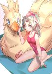  alternate_costume aqua_eyes breasts chocobo closed_mouth commentary_request eyeliner final_fantasy final_fantasy_vi fur green_hair long_hair makeup swimsuit tina_branford ukimukai 