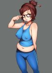  1girl belly black-framed_eyewear breasts brown_eyes brown_hair glasses large_breasts mei_(overwatch) midriff navel overwatch plump short_hair solo 