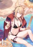  absurdres alcohol bare_arms bare_shoulders barefoot bikini black_bikini black_choker blonde_hair blush bracelet breasts cape choker cleavage collarbone commentary_request cup earmuffs emoji eyebrows_visible_through_hair feet_out_of_frame fingernails footprints groin hair_between_eyes halterneck hand_up hata_no_kokoro high_collar highleg highleg_bikini highres holding innertube jewelry knee_up knife long_legs looking_at_viewer medium_breasts multiple_girls navel plaid plaid_swimsuit pointy_hair purple_ribbon ribbon ritual_baton sake sand scabbard shadow shan sheath sheathed short_hair sitting skindentation standing stomach swimsuit thigh_ribbon thighs tokkuri touhou toyosatomimi_no_miko water yellow_eyes 