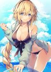  bangs bare_shoulders bikini black_bikini blonde_hair blue_eyes blue_sky blush braid breasts cleavage closed_mouth day eyebrows_visible_through_hair fate/grand_order fate_(series) front-tie_bikini front-tie_top hair_between_eyes jacket jeanne_d'arc_(fate)_(all) jeanne_d'arc_(swimsuit_archer) large_breasts leaning_forward long_braid long_hair long_sleeves looking_at_viewer off_shoulder open_clothes oshio_(dayo) outdoors single_braid sky smile solo swimsuit thigh_gap very_long_hair 