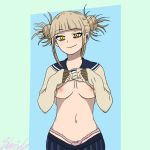  1girl areolae blonde_hair blush boku_no_hero_academia breasts cute double_bun eyebrows_visible_through_hair medium_breasts midriff navel nipples panties pink_nipples pleated_skirt pose shirt_lift shrivle signature skirt smile standing thong toga_himiko underwear yellow_eyes 