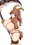  alternate_breast_size animal_ears baphomet_(monster_girl_encyclopedia) black_bikini_bottom black_legwear blue_eyes breasts brown_hair commentary demon_girl english_commentary eyebrows_visible_through_hair fang fang_out highres horns huge_breasts long_hair looking_at_viewer monster_girl_encyclopedia nav navel paws scythe simple_background smile solo tail thighhighs white_background 