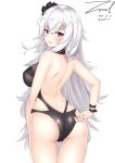  adjusting_clothes adjusting_swimsuit ass azur_lane back bangs black_flower black_rose black_swimsuit breasts cleavage cowboy_shot dated eyebrows_visible_through_hair flower from_behind graf_zeppelin_(azur_lane) hair_between_eyes hair_flower hair_ornament large_breasts long_hair looking_at_viewer looking_back messy_hair one-piece_swimsuit parted_lips purple_eyes rose shoulder_blades sidelocks signature silver_hair simple_background skindentation solo swimsuit thighs twitter_username unel very_long_hair white_background wrist_straps 
