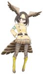  arm_at_side belt bird_tail black_hair blonde_hair boots frown full_body gloves hair_between_eyes hand_on_hip head_tilt head_wings ise_(0425) jacket kemono_friends knee_boots looking_at_viewer medium_hair multicolored_hair pantyhose peregrine_falcon_(kemono_friends) pleated_skirt print_legwear print_skirt simple_background skirt solo spread_wings standing white_background white_gloves yellow_eyes yellow_footwear yellow_jacket 