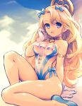  :d arm_support armlet azur_lane bare_shoulders blonde_hair blue_bow blue_eyes blue_footwear bow breasts chingisu cleavage covered_navel emile_bertin_(azur_lane) eyebrows_visible_through_hair gloves hair_bow halterneck hand_up long_hair looking_at_viewer medium_breasts open_mouth polka_dot polka_dot_bow shoes sitting smile solo thighs very_long_hair white_gloves 