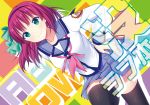  angel_beats! black_legwear blue_sailor_collar blue_skirt bow cowboy_shot dutch_angle green_eyes hair_bow hairband hand_on_hip leaning_forward neck_ribbon pink_ribbon pleated_skirt purple_hair ribbon sailor_collar school_uniform serafuku shinda_sekai_sensen_uniform short_hair skirt solo thighhighs touon yuri_(angel_beats!) 