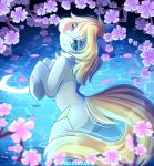  2018 absurd_res airiniblock blonde_hair blue_eyes butt chest_tuft crescent_moon cute cutie_mark earth_pony equine eyebrows eyelashes fan_character female feral floppy_ears flower fur hair half-closed_eyes hi_res hooves horse looking_at_viewer looking_back mammal moon my_little_pony night nude outside plant pond pony pussy rafale reflection skinny_dipping smile solo text tuft underhoof water watermark wet 
