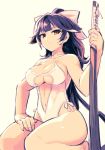  azur_lane bangs bare_arms bare_shoulders barefoot black_hair blunt_bangs bow breasts casual_one-piece_swimsuit chingisu choker cleavage closed_mouth collarbone criss-cross_halter hair_bow halterneck hand_on_own_thigh high_ponytail highleg highleg_swimsuit holding holding_sword holding_weapon katana left-handed legs_together long_hair long_ponytail looking_at_viewer medium_breasts navel one-piece_swimsuit orange_eyes planted_sword planted_weapon ponytail seiza serious sideboob simple_background sitting solo swimsuit sword takao_(azur_lane) thighs underboob underboob_cutout very_long_hair weapon white_background white_bow white_choker white_swimsuit 
