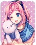  ;d blue_eyes blue_scarf blush braid brown_sweater commission hair_ornament hairband hug one_eye_closed open_mouth original pink_hair sasucchi95 scarf seal short_hair smile sweater 