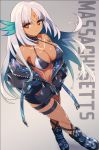  azur_lane bangs bare_shoulders bikini_top black_bikini_top black_choker black_jacket breasts camouflage character_name chingisu choker cleavage collarbone covered_nipples crossed_legs dark_skin eyebrows_visible_through_hair feathers gradient gradient_background hair_feathers halter_top halterneck hands_in_pockets jacket large_breasts long_hair long_sleeves massachusetts_(azur_lane) native_american navel off_shoulder open_clothes open_jacket orange_eyes parted_bangs solo standing thigh_strap unzipped very_long_hair watson_cross white_hair 