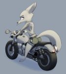 2018 anthro arctic_fox barefoot blue_background blue_eyes butt canine clothed clothing disney female fox looking_at_viewer mammal match mirror motorcycle mouth_hold reflection riding simple_background skye_(zootopia) solo vehicle yitexity zootopia 