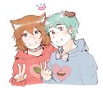  1girl animal_ear_fluff animal_ears aqua_hair bow bowtie breasts brown_hair cat_ears cat_girl choker dogboy green_eyes heart hood hooded_sweater medium_breasts medium_hair moonexplorers open_mouth original paw_print sweater sweatshirt traa-tan transgender_flag v 