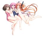  :d :o ahoge aihara_enju artist_name ass bare_shoulders barefoot black_bullet blue_swimsuit brown_eyes brown_hair crossover eyebrows_visible_through_hair feet full_body hair_between_eyes hair_ornament llenn_(sao) long_hair looking_at_viewer minato_tomoka multiple_crossover multiple_girls name_tag observerz one-piece_swimsuit open_mouth orange_eyes orange_hair pink_hair pink_swimsuit rou-kyuu-bu! school_swimsuit short_hair signature simple_background smile soles swimsuit sword_art_online sword_art_online_alternative:_gun_gale_online twintails very_long_hair white_background white_swimsuit 