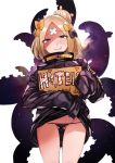  abigail_williams_(fate/grand_order) ass_visible_through_thighs bandaid_on_forehead bangs black_bow black_jacket black_panties blonde_hair blue_eyes bow buckle cardboard commentary_request english eyebrows_visible_through_hair fate/grand_order fate_(series) grin groin hair_bow hair_bun half-closed_eyes head_tilt heart heroic_spirit_traveling_outfit holding holding_sign jacket jacket_lift lifted_by_self long_hair long_sleeves looking_at_viewer lowleg lowleg_panties naughty_face orange_bow panties parted_bangs polka_dot polka_dot_bow pussy_juice shade sharp_teeth shiny shiny_hair shiny_skin sign simple_background sleeves_past_fingers sleeves_past_wrists smile smirk solo space standing star_(sky) sweat teeth tentacles underwear wakamesan white_background 