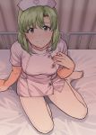  arm_support bed bed_sheet breasts brown_eyes buttons closed_mouth commentary eyebrows_visible_through_hair green_hair hand_on_own_chest hat heart highres hospital_bed idolmaster idolmaster_(classic) idolmaster_stella_stage indoors looking_at_viewer looking_up medium_breasts mole mole_under_eye nail_polish no_shoes nurse nurse_cap on_bed pantyhose pink_nails shiika_(idolmaster) short_hair short_sleeves sitting smile solo tsurui white_legwear 