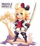  ahoge bad_id bad_pixiv_id black_bow black_footwear black_gloves boots bow bravely_default:_flying_fairy bravely_default_(series) breasts chingisu closed_mouth copyright_name dress edea_lee full_body gloves hair_bow hand_on_hip holding holding_sword holding_weapon katana left-handed legs_apart medium_hair pantyhose short_dress small_breasts smile solo standing sword thigh_boots thighhighs tree v-shaped_eyebrows weapon white_legwear 