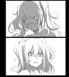  2girls 2koma absurdres broken_mask chinese_commentary comic commentary_request eyebrows_visible_through_hair facial_scar gas_mask girls_frontline highres look-alike m950a_(girls_frontline) messy_hair monochrome multiple_girls scar scar_on_cheek scarecrow_(girls_frontline) twintails white_background xiujia_yihuizi 