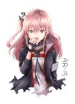  :o bangs black_gloves black_jacket blue_eyes blush character_name dress eyebrows_visible_through_hair fingernails girls_frontline gloves hair_between_eyes hair_ornament jacket long_hair long_sleeves looking_at_viewer melings_(aot2846) one_side_up open_mouth pink_hair round_teeth simple_background solo st_ar-15_(girls_frontline) teeth upper_teeth white_background white_dress 