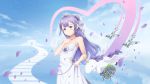  aircraft airplane alicorn animal azur_lane bare_arms bare_shoulders blue_sky blurry blush bouquet breasts bridal_veil cleavage closed_mouth cloud commentary day depth_of_field dress english_commentary fingernails flower flying hair_bun hand_on_own_chest hand_up head_tilt heart highres intelman jewelry long_hair medium_breasts necklace one_side_up outdoors petals purple_eyes purple_flower purple_hair purple_rose ring rose see-through side_bun sky smile solo strapless strapless_dress tiara unicorn_(azur_lane) veil very_long_hair wedding_band white_dress 