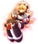  1girl adapted_costume android blonde_hair blush bow bowtie chocoriina cinnamon closed_mouth eyebrows_visible_through_hair female headdress legs_together long_hair miniskirt rockman rockman_x rockman_x_command_mission skirt smile solo 