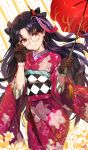  absurdres alternate_costume black_hair brown_gloves commentary_request earrings fate/grand_order fate_(series) floral_print flower glasses gloves hair_ornament heroic_spirit_formal_dress highres ishtar_(fate/grand_order) japanese_clothes jewelry kimono long_hair looking_at_viewer red_eyes solo twintails yang-do 