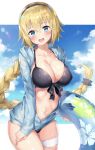  ale_nqki bangs bikini black_bikini black_hairband black_scrunchie blonde_hair blue_eyes blue_hoodie blush breasts cleavage cloud cloudy_sky collarbone commentary_request cowboy_shot day fate/grand_order fate_(series) front-tie_top hair_between_eyes hair_ornament hair_scrunchie hairband highres hood hood_down hoodie innertube jeanne_d'arc_(fate)_(all) jeanne_d'arc_(swimsuit_archer) large_breasts leg_garter long_hair long_sleeves looking_at_viewer navel open_clothes open_hoodie open_mouth round_teeth scrunchie sky smile solo standing swimsuit teeth 