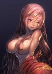  amputee baiken bangs bare_shoulders breasts cleavage clothes_removed collarbone commentary_request covered_nipples facial_tattoo guilty_gear guilty_gear_xrd hair_between_eyes hair_censor highres japanese_clothes kataginu kimono large_breasts long_hair looking_at_viewer multicolored multicolored_clothes multicolored_kimono navel one-eyed open_clothes open_kimono parted_lips pink_eyes pink_hair scar scar_across_eye solo stomach tattoo topless yossan_(momo_tsukene) 
